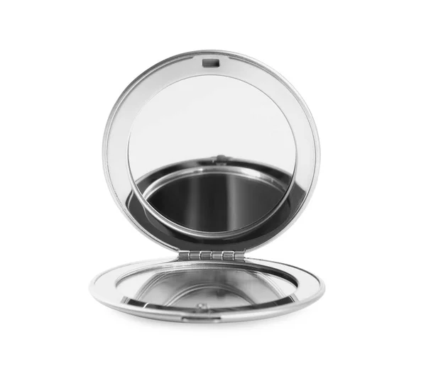 Miroir Poche Cosmétique Argent Isolé Sur Blanc — Photo