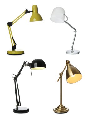 Beyaz arkaplanda farklı şık masa lambaları ile ayarlayın 