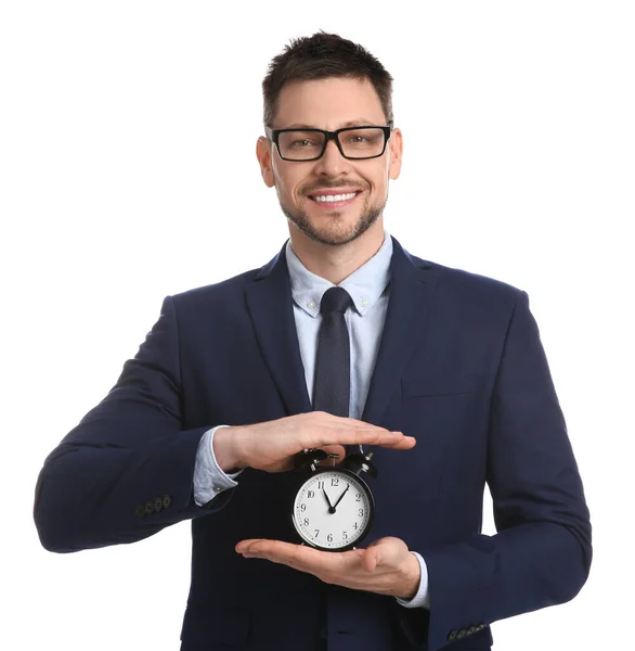 Feliz Hombre Negocios Con Despertador Sobre Fondo Blanco Gestión Del — Foto de Stock