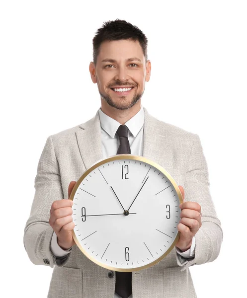 Feliz Hombre Negocios Sosteniendo Reloj Sobre Fondo Blanco Gestión Del — Foto de Stock