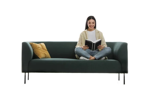 Young Woman Reading Book Comfortable Green Sofa White Background — Stock Photo, Image