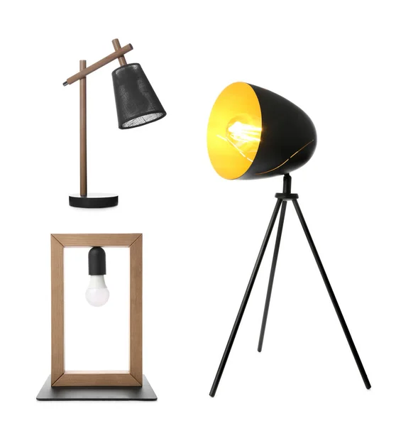 Set Mit Verschiedenen Stilvollen Tischlampen Auf Weißem Hintergrund — Stockfoto