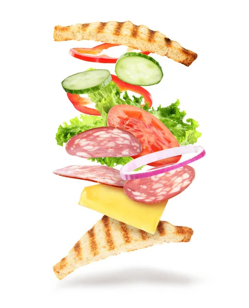 Leckeres Sandwich Mit Fliegenden Zutaten Auf Weißem Hintergrund — Stockfoto