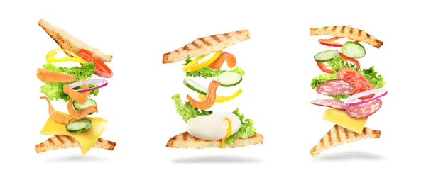 Heerlijke Sandwiches Met Vliegende Ingrediënten Witte Achtergrond Collage Banner Ontwerp — Stockfoto