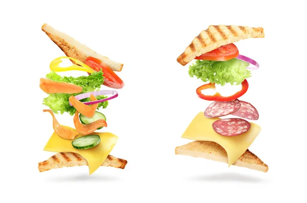 Leckere Sandwiches Mit Fliegenden Zutaten Auf Weißem Hintergrund Collage — Stockfoto