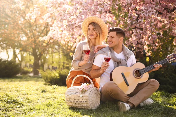 春日阳光明媚的日子 一对可爱的夫妇在公园野餐 — 图库照片