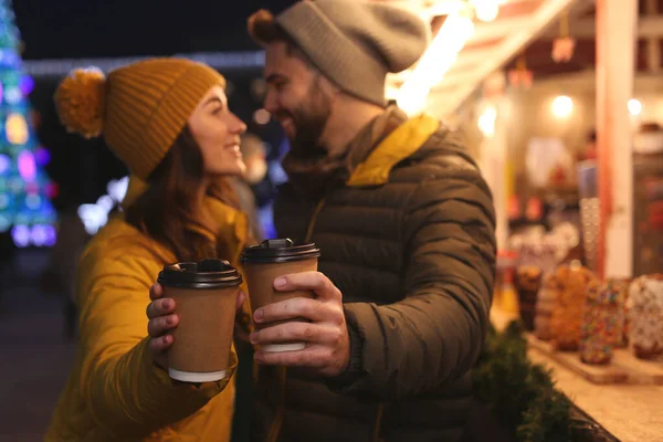 Lovely Couple Spending Time Together Christmas Fair Focus Hands Cups — Stock Photo, Image