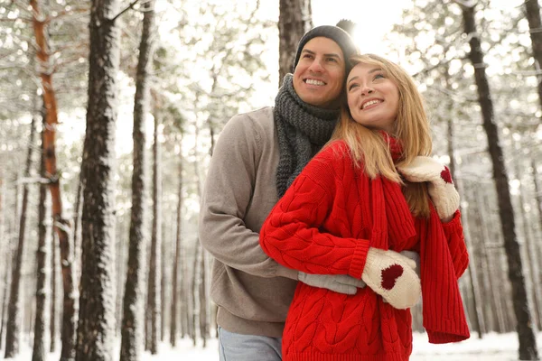 Hermosa Pareja Feliz Bosque Nevado Día Invierno —  Fotos de Stock