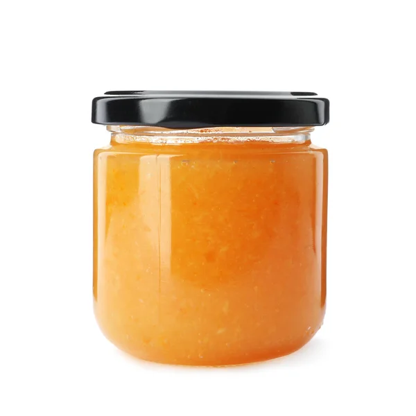 Lahodná Oranžová Marmeláda Sklenici Bílém Pozadí — Stock fotografie