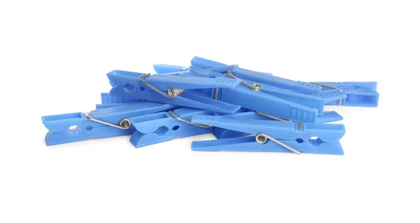 Light Blue Plastic Clothespins White Background — 스톡 사진