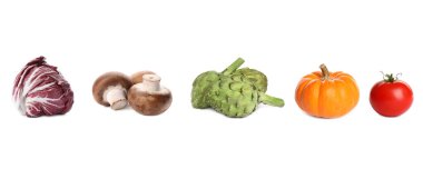 Beyaz arka planda farklı taze sebzelerin toplanması. Pankart tasarımı