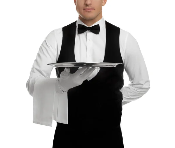 Elegante Butler Met Zilveren Dienblad Geïsoleerd Wit Close — Stockfoto