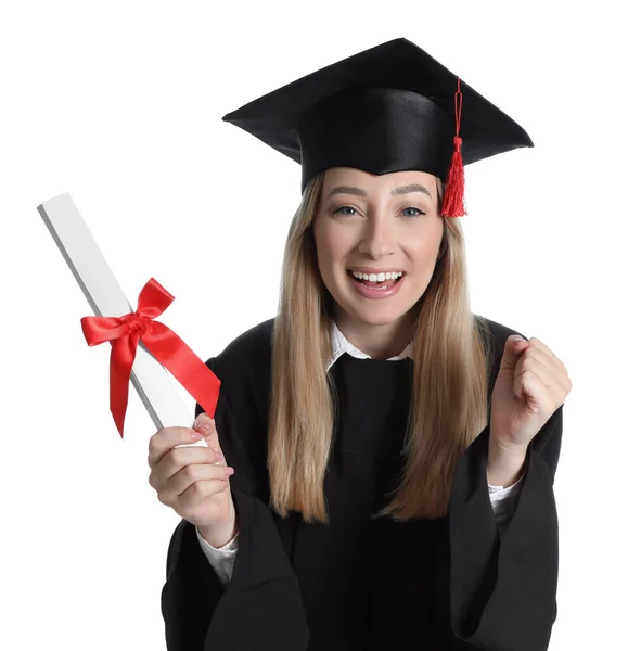 Estudante Feliz Com Diploma Fundo Branco — Fotografia de Stock