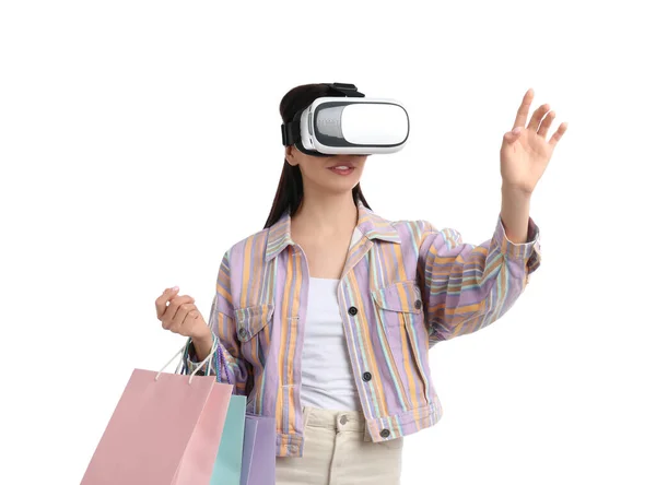 Mujer Usando Auriculares Realidad Virtual Sobre Fondo Blanco —  Fotos de Stock