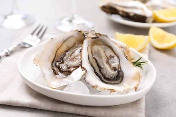 Färska Ostron Med Rosmarin Och Grått Bord Närbild — Stockfoto