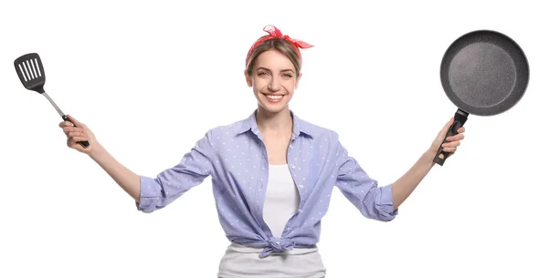 Jeune Femme Foyer Avec Poêle Spatule Sur Fond Blanc — Photo