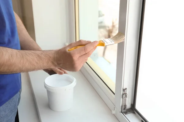 Man Painting Window Frame Home Closeup — Stock Photo, Image