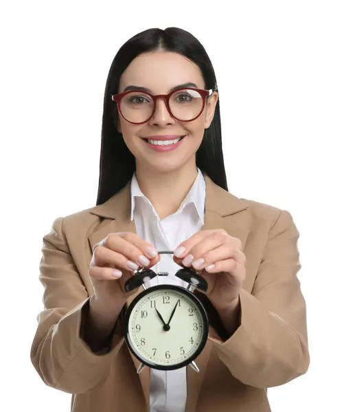 Mulher Negócios Segurando Despertador Fundo Branco Gestão Tempo — Fotografia de Stock