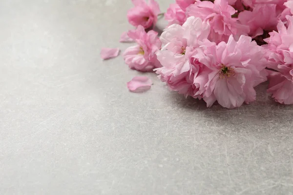 Prachtige Sakura Boom Bloeit Grijze Stenen Tafel Close Ruimte Voor — Stockfoto