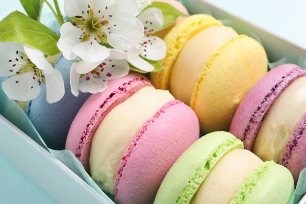 Viele Köstliche Bunte Macarons Schachtel Und Blumen Auf Hellblauem Hintergrund — Stockfoto