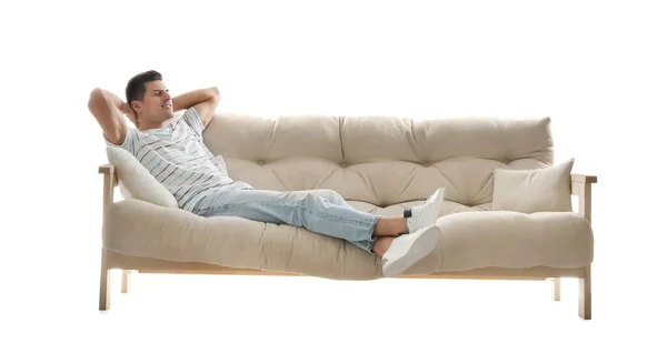 Man Relaxing Comfortable Sofa White Background — Stock Photo, Image