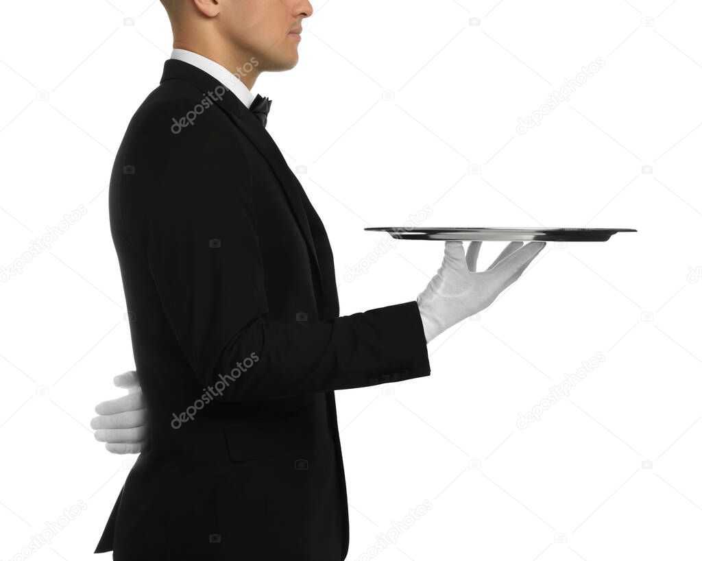 Elegant butler holding silver tray isolated on white, closeup