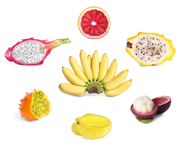 Set Con Diferentes Frutas Exóticas Deliciosas Sobre Fondo Blanco —  Fotos de Stock