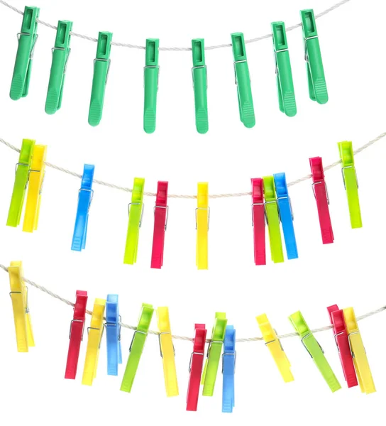 Colorful Plastic Clothespins Hanging Ropes White Background — Stock Photo, Image