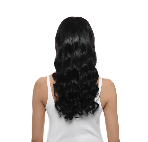 Young Woman Long Curly Hair White Background Back View — Stock Photo, Image