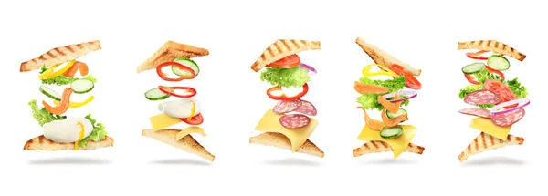 Heerlijke Sandwiches Met Vliegende Ingrediënten Witte Achtergrond Collage Banner Ontwerp — Stockfoto