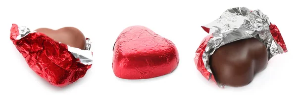 Set Delicious Heart Shaped Chocolate Candies Wrapped Red Foil White — Stock Photo, Image