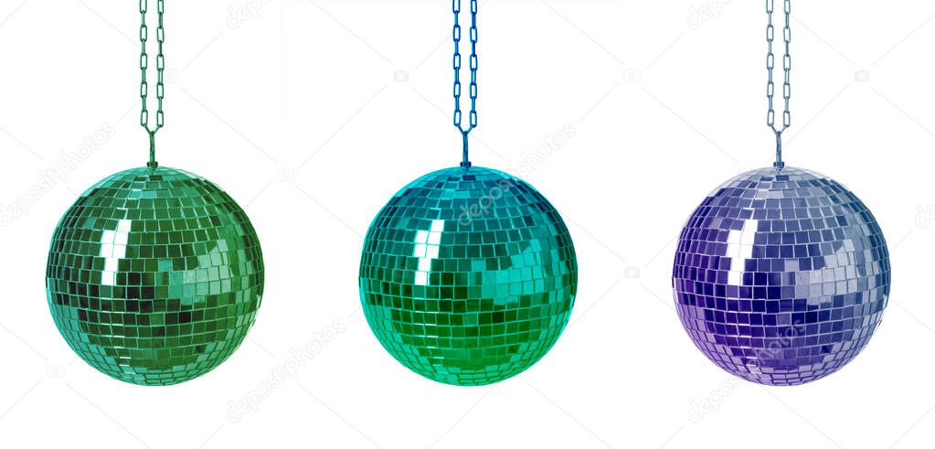 Set with colorful shiny disco balls on white background. Banner design