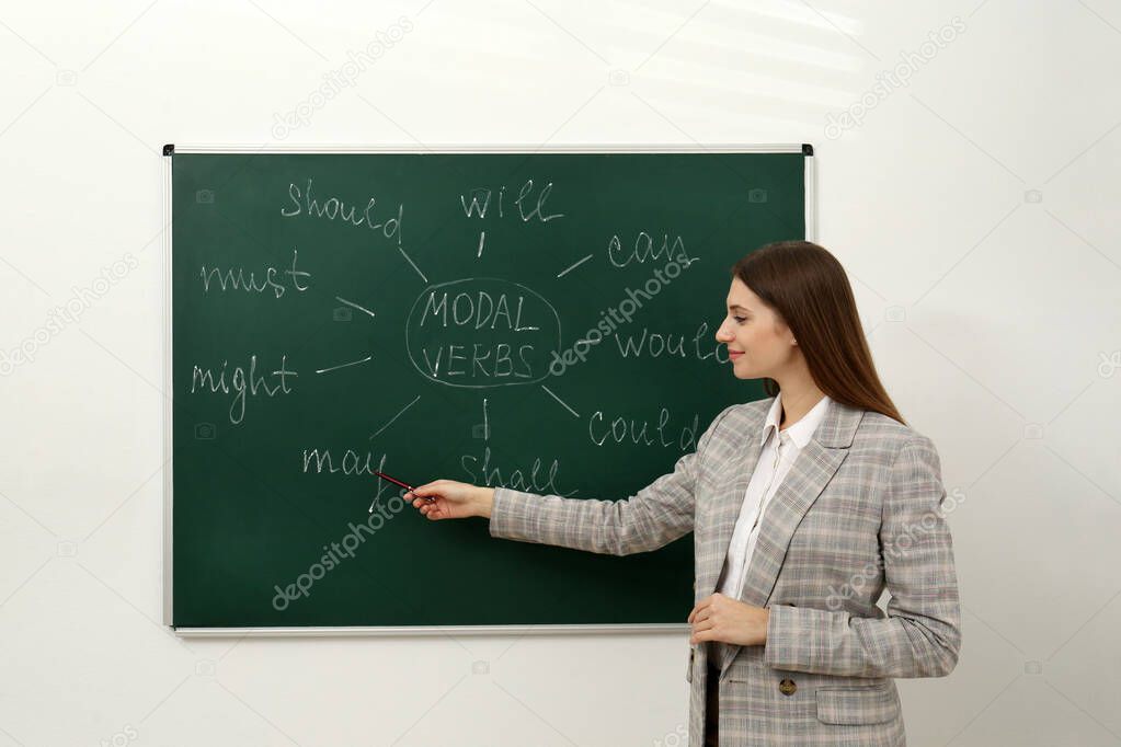 English teacher giving lesson on modal verbs near chalkboard in classroom