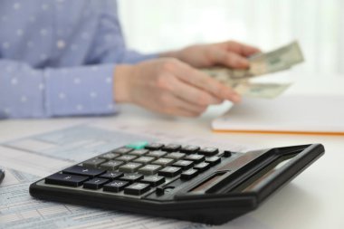 Masada para sayan kadın, hesap makinesine odaklan