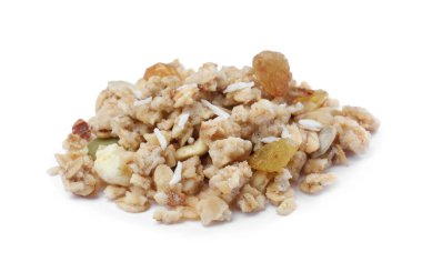 Beyaz arka planda granola yığını. Sağlıklı çerez