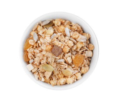 Beyaz arka planda kabın içinde granola, üst manzara. Sağlıklı çerez
