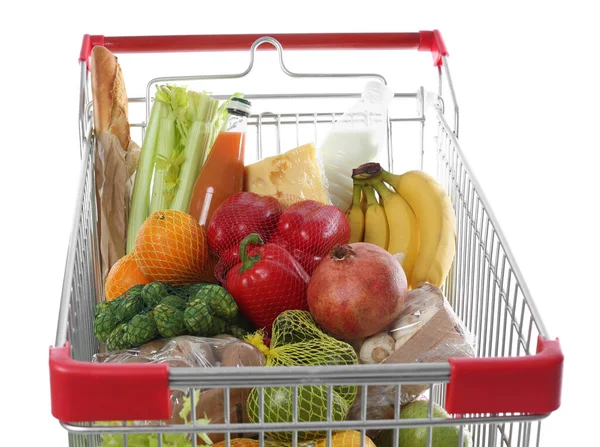 Carrito Compras Con Alimentos Frescos Sobre Fondo Blanco —  Fotos de Stock