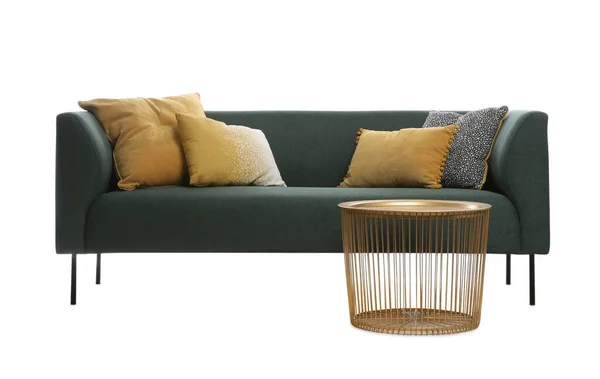 Sofá Verde Confortável Com Almofadas Mesa Sobre Fundo Branco Mobiliário — Fotografia de Stock