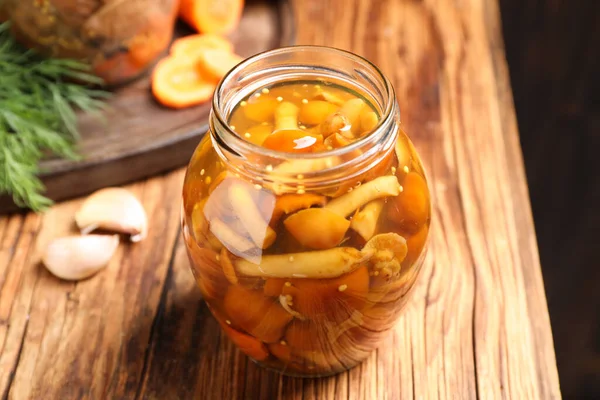 Delicious Marinated Mushrooms Glass Jar Wooden Table — Stock Photo, Image