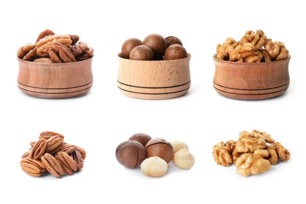 Set Různými Chutnými Ořechy Bílém Pozadí — Stock fotografie