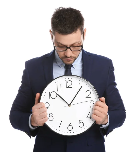 Empresario Sosteniendo Reloj Sobre Fondo Blanco Gestión Del Tiempo —  Fotos de Stock