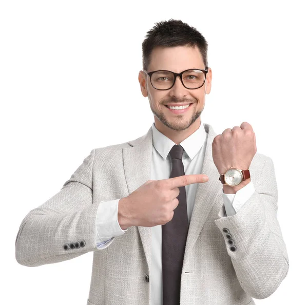 Ευτυχισμένος Επιχειρηματίας Που Δείχνει Ρολόι Χειρός Λευκό Φόντο Διαχείριση Χρόνου — Φωτογραφία Αρχείου