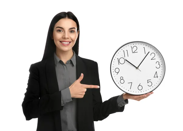 Affärskvinna Som Håller Klockan Vit Bakgrund Tidsplanering — Stockfoto