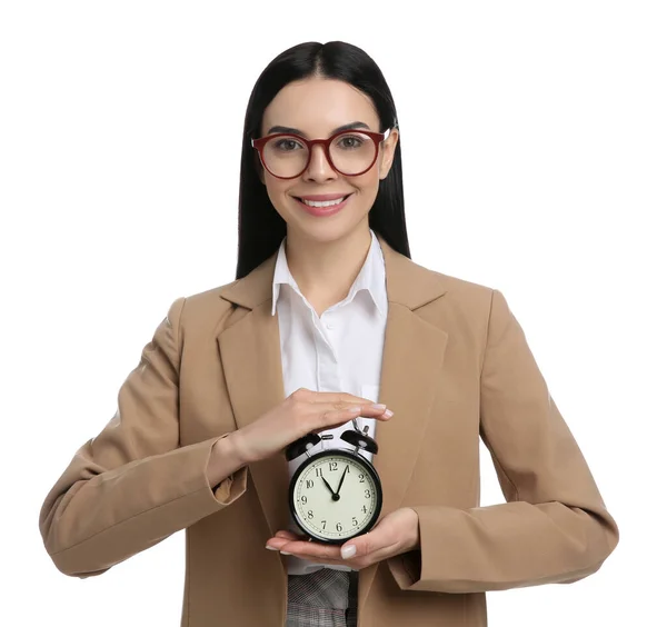 Empresaria Con Despertador Sobre Fondo Blanco Gestión Del Tiempo — Foto de Stock