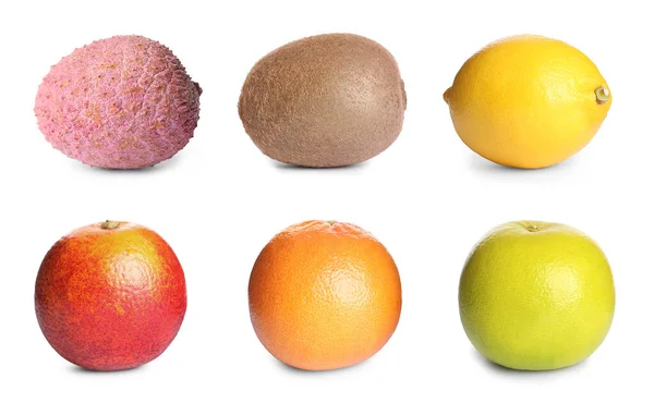 Conjunto Com Diferentes Deliciosas Frutas Exóticas Fundo Branco — Fotografia de Stock