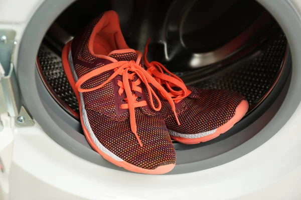 Clean Sports Shoes Washing Machine Drum Closeup — Stock Photo, Image
