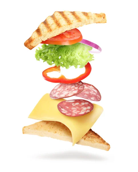 Delicious Sandwich Flying Ingredients White Background — Stock Photo, Image