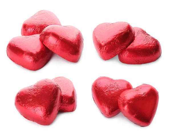 Set Con Deliciosos Caramelos Chocolate Forma Corazón Envueltos Papel Aluminio — Foto de Stock