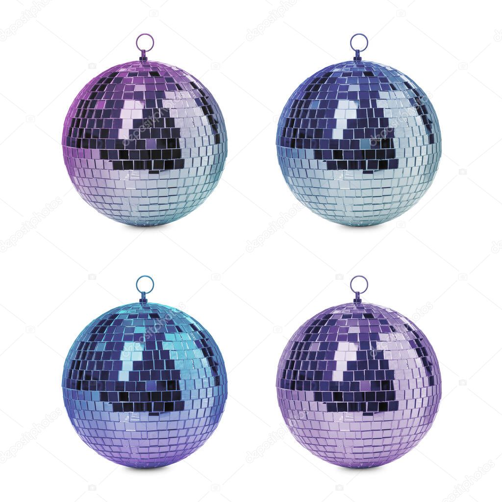 Set with colorful shiny disco balls on white background
