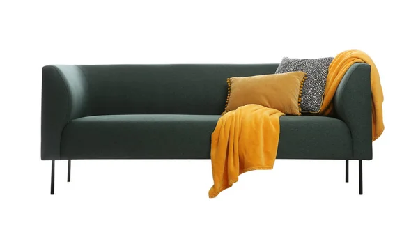 Sofá Verde Confortável Com Almofadas Cobertor Sobre Fundo Branco Mobiliário — Fotografia de Stock